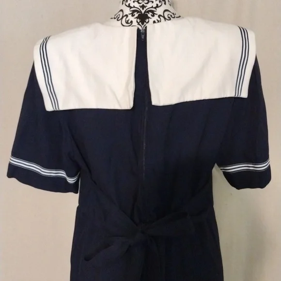 Vintage 80's 90's J.B.S. LTD Navy Blue Sailor Inspired Midi Dress USA Made - Picture 7 of 14
